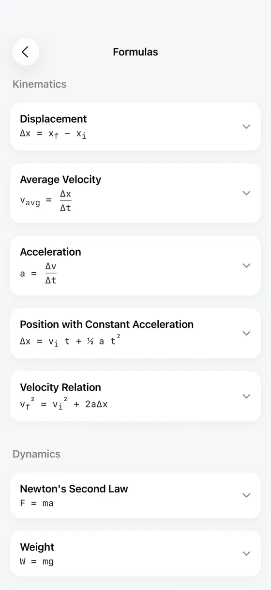 Electra formula sheet listing kinematics and dynamics formulas such as displacement, average velocity and Newton's second law