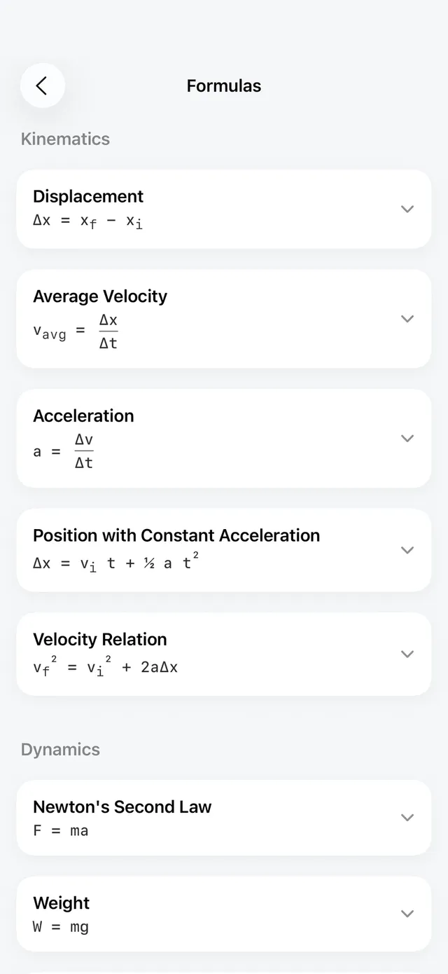 Electra formula sheet listing kinematics and dynamics formulas
