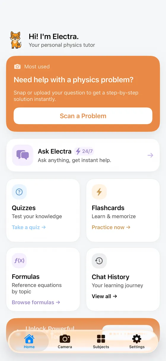 Electra home screen with the Scan a Problem button, Ask Electra chat, quizzes, flashcards, formulas and chat history
