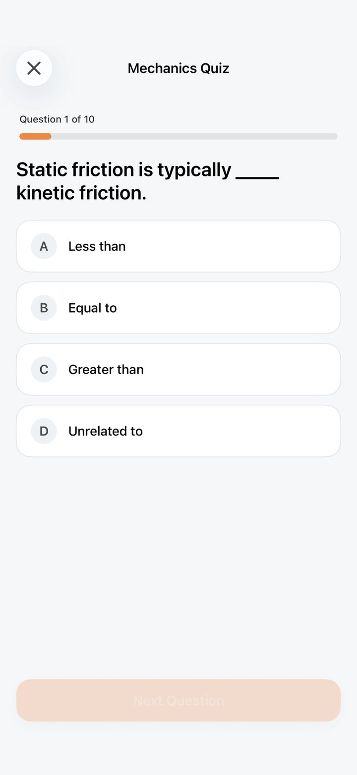 Electra mechanics quiz with a multiple-choice question about static and kinetic friction