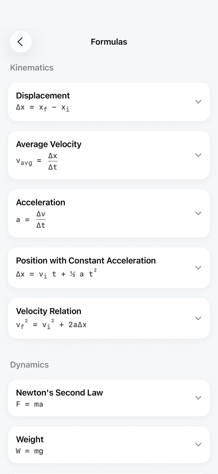 Electra formula sheet listing kinematics and dynamics formulas
