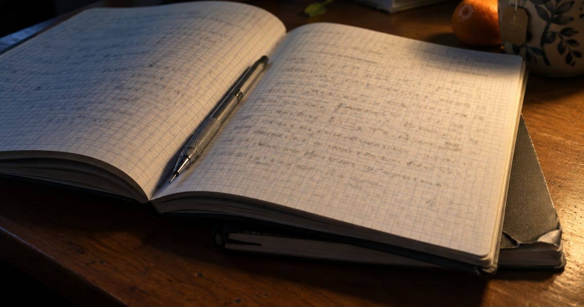 A graph-paper notebook open on a desk under a lamp at night, with a mechanical pencil and a mug beside it